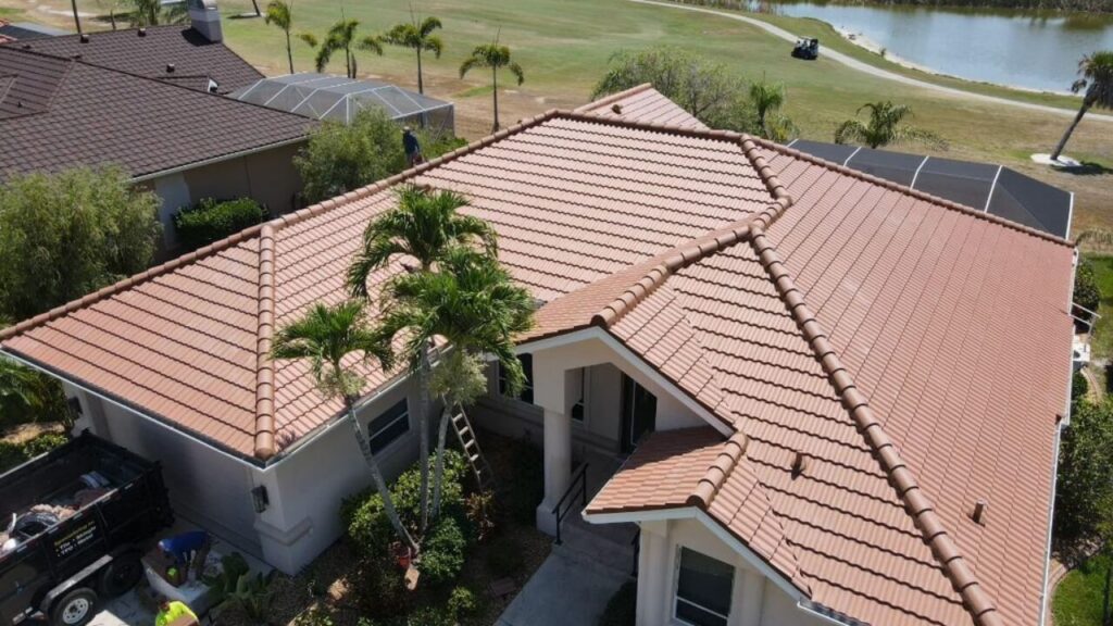 Licensed roofers completing a storm damage repair in Sarasota, FL