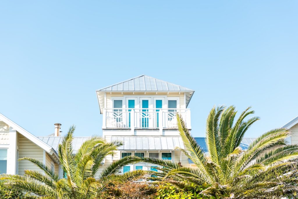 Metal roof on blue house